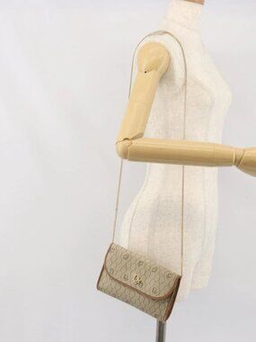 Christian Dior Honeycomb Canvas Chain Shoulder Bag PVC Beige Gold Auth am10688